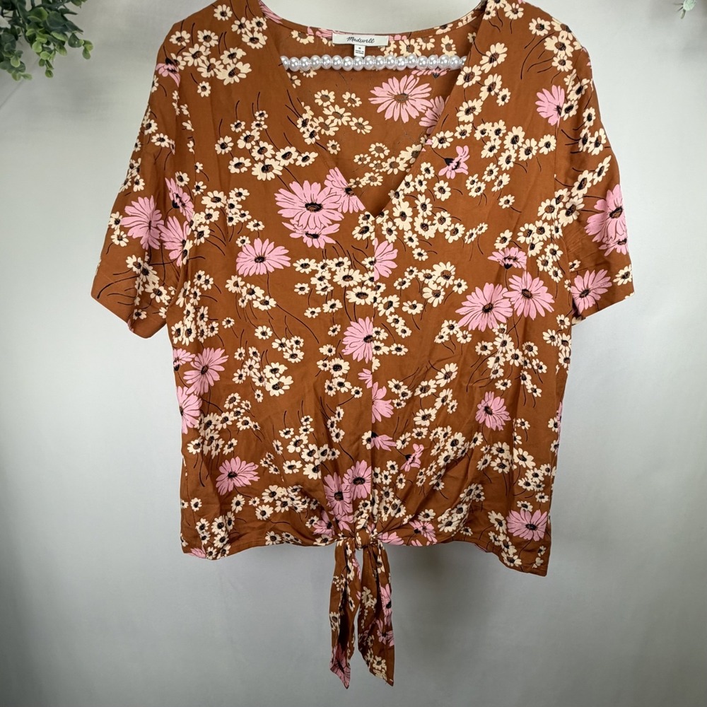 Madewell Novel Tie Front Top in Hillside Daisies Shirt Blouse Top Rust Brown Med